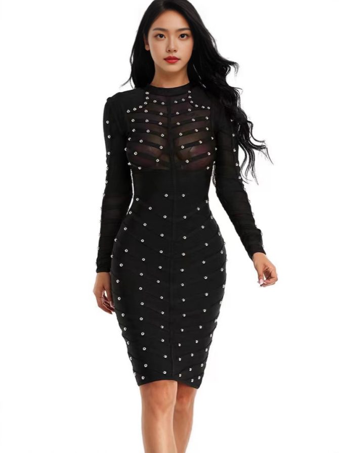 Women's Rivet-Embellished See-Through Mesh Herringbone Long Sleeve Bandage Dress