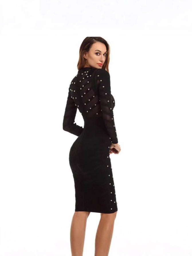 Women's Rivet-Embellished See-Through Mesh Herringbone Long Sleeve Bandage Dress - Image 2