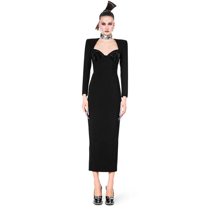Elegant Women's Knitted V-Neck Tube Top Long Sleeve Slim Fit Bandage Dress with Hot Diamond Detail - Image 6