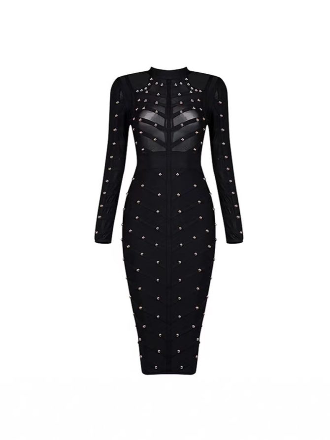 Women's Rivet-Embellished See-Through Mesh Herringbone Long Sleeve Bandage Dress - Image 4