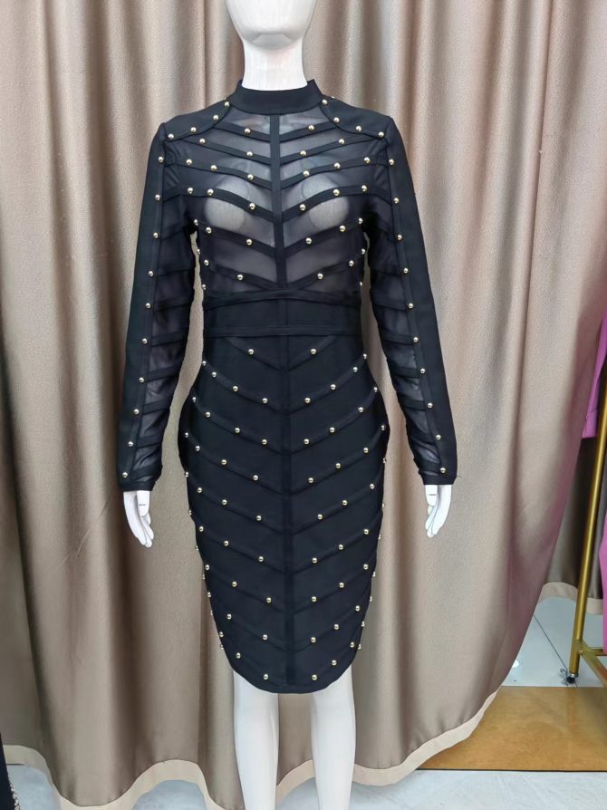 Women's Rivet-Embellished See-Through Mesh Herringbone Long Sleeve Bandage Dress - Image 5