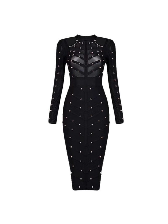 Women's Rivet-Embellished See-Through Mesh Herringbone Long Sleeve Bandage Dress - Image 3