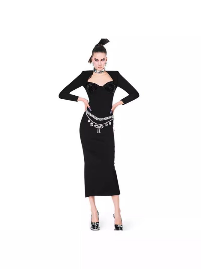 Elegant Women's Knitted V-Neck Tube Top Long Sleeve Slim Fit Bandage Dress with Hot Diamond Detail - Image 2