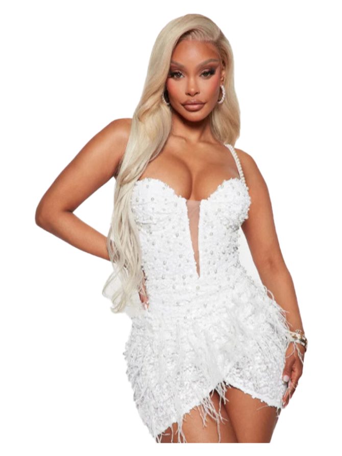 Elegant Women's Feather-Trimmed V-Neck Pearl-Embellished Sling Hip Skirt Bandage Dress